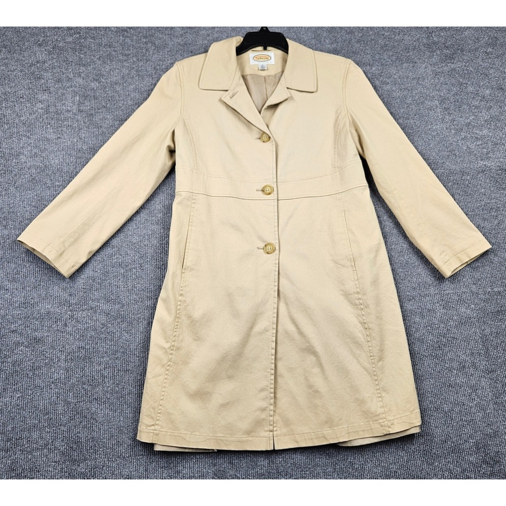 Talbots Sz 10 Khaki Beige Cotton Blend 3 Button Trench Coat Jacket Mid-Length